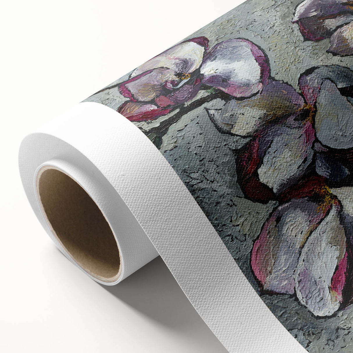 Magnolia flower wall art design on a rolled canvas, showcasing intricate botanical details in soft pink and green hues, perfect for home decoration or gifting.