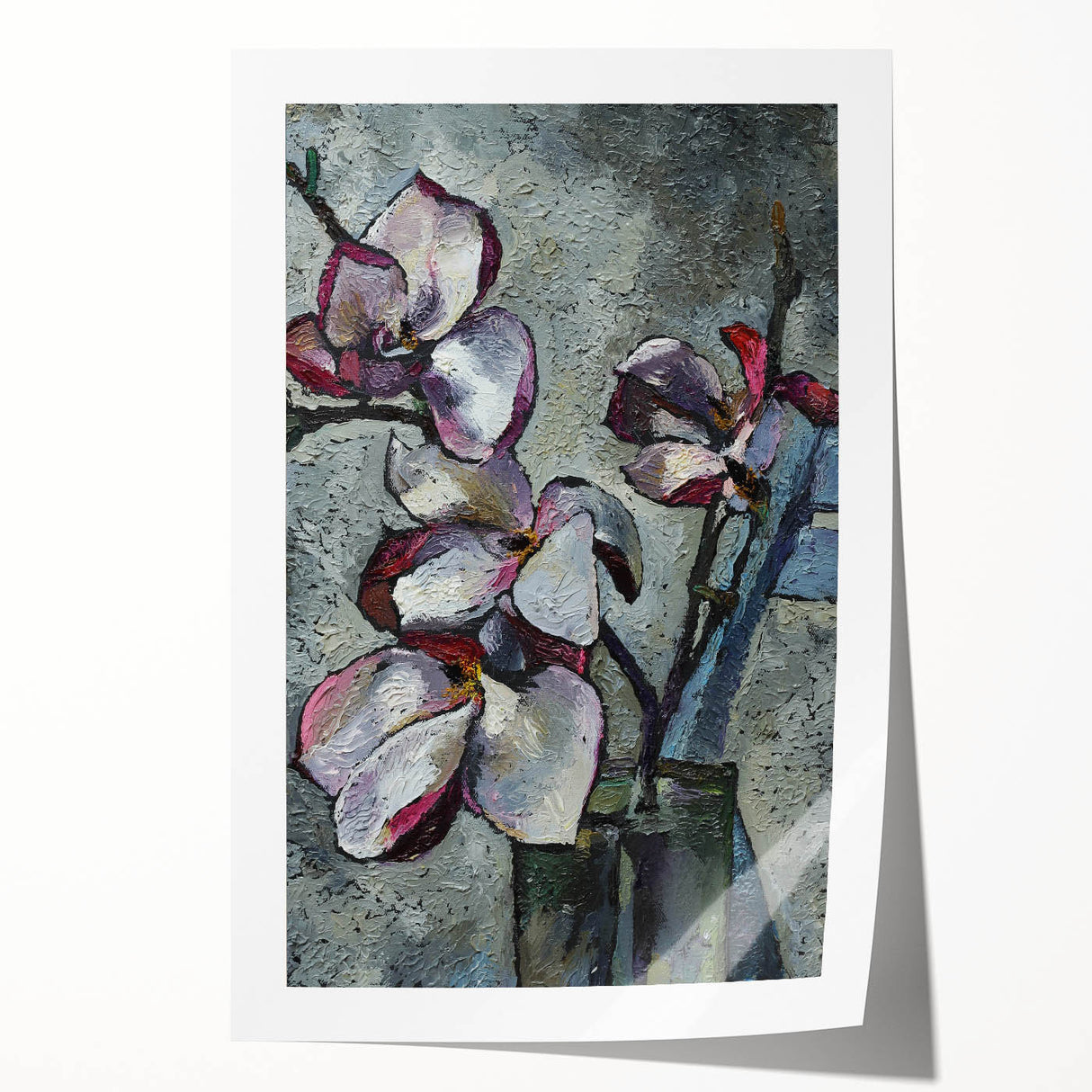 Botanical wall art print featuring a detailed magnolia design in soft pastel colors, showcasing the intricate petals and leaves, perfect for home decor.