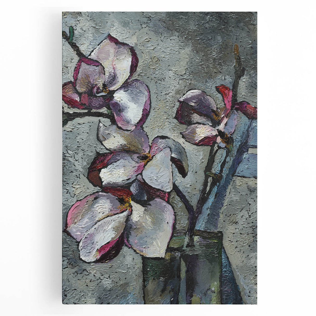 Stretched canvas wall art showcasing a botanical magnolia design, featuring vibrant colors and intricate floral details, ideal for enhancing home decor.