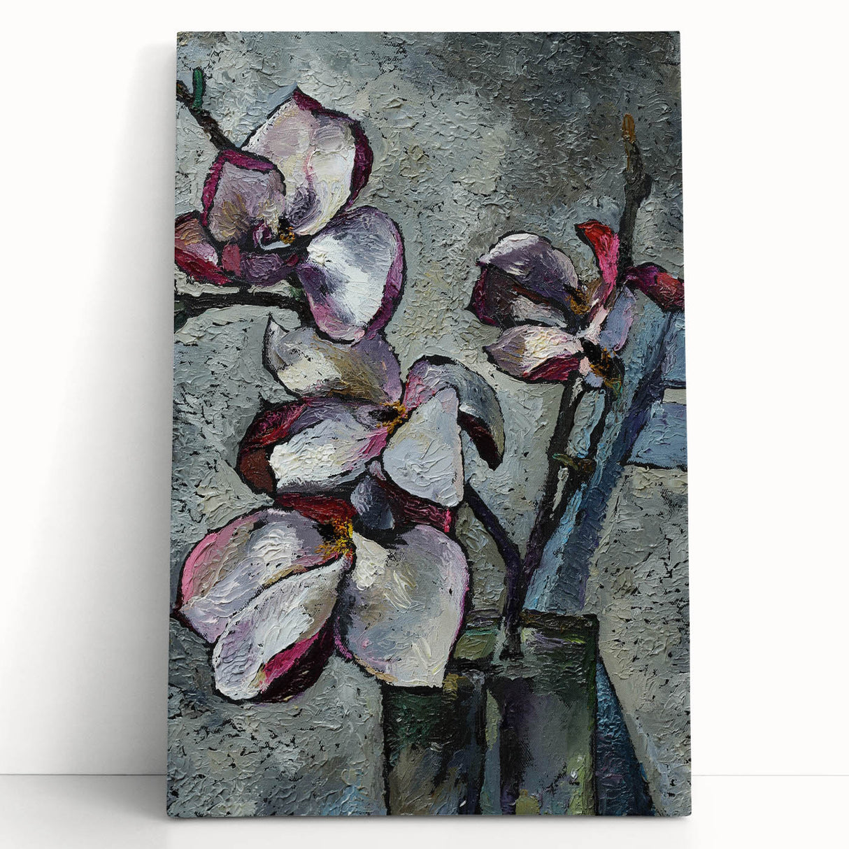 Elegant botanical wall art featuring a magnolia design on stretched canvas, showcasing soft pink and white flowers against a neutral background, ideal for home decor.