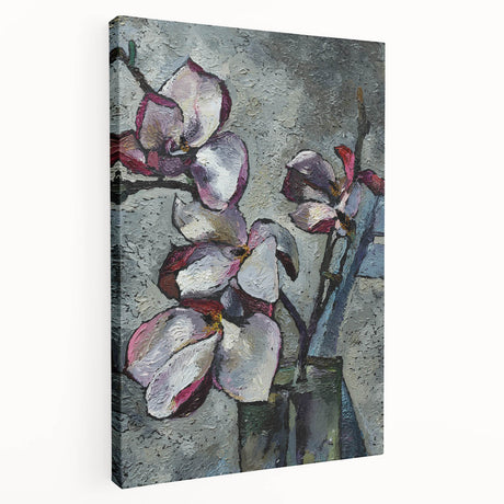 Stretched canvas showcasing a botanical design of vibrant magnolia flowers, displayed in a side view, perfect for enhancing home decor with nature-inspired art.
