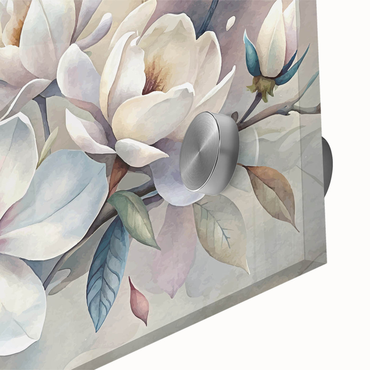 Close-up of a botanical wall art piece featuring a vibrant magnolia design, showcasing intricate floral details set against a sleek acrylic glass background, perfect for home decor.