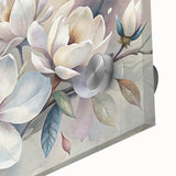 Close-up of a botanical wall art piece featuring a vibrant magnolia design, showcasing intricate floral details set against a sleek acrylic glass background, perfect for home decor.