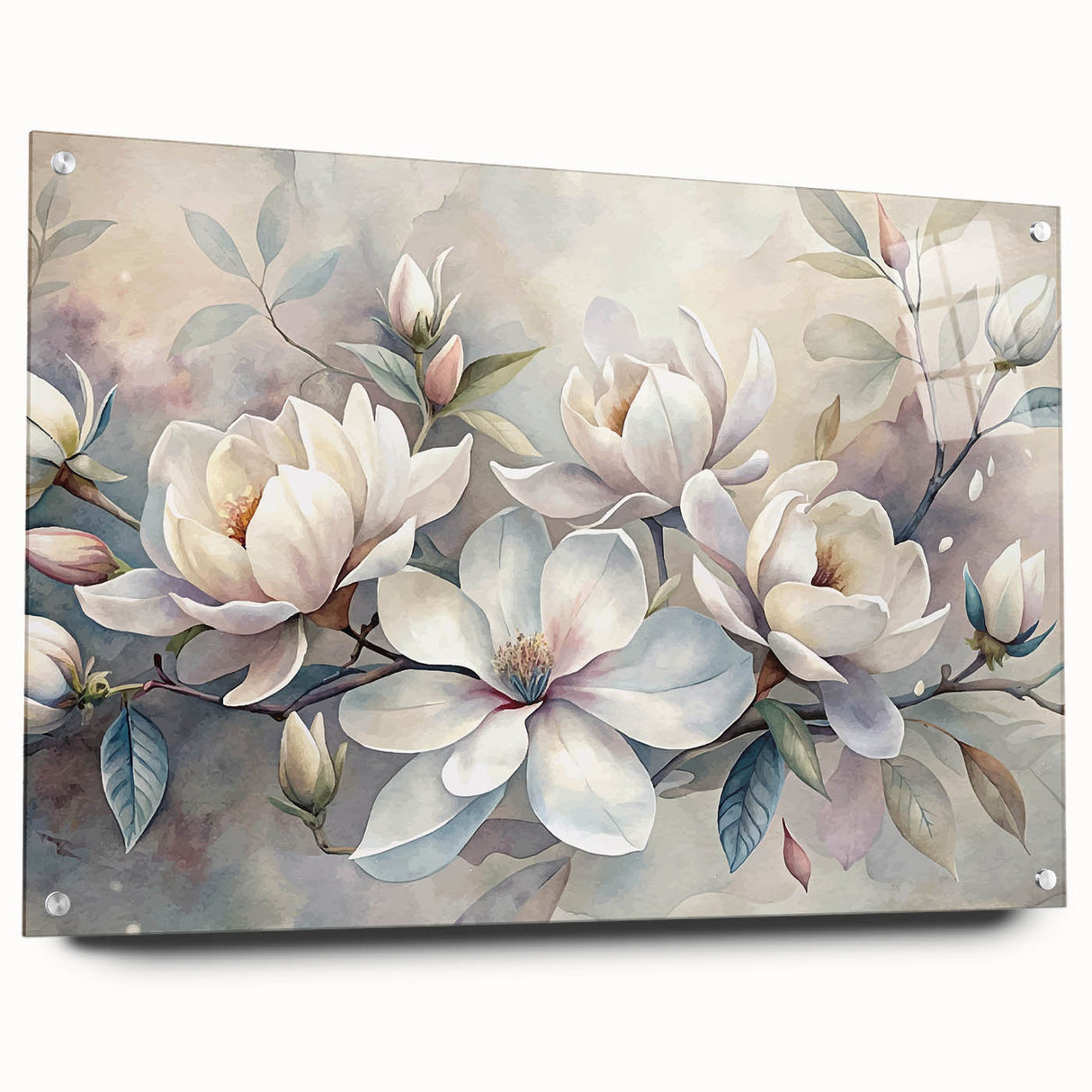 Side view of an acrylic glass wall art piece featuring a botanical magnolia design, displayed with decorative pins, showcasing vibrant colors and intricate details.