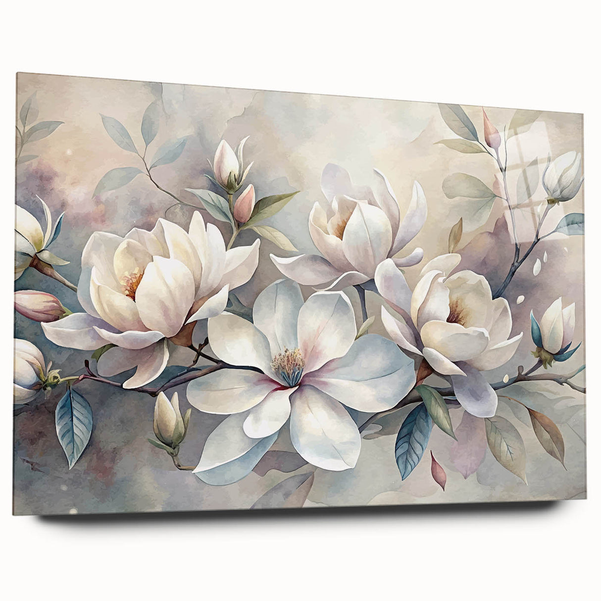 Side view of a botanical magnolia wall art piece, showcasing vibrant floral designs under acrylic glass, perfect for home decor enthusiasts seeking elegance.