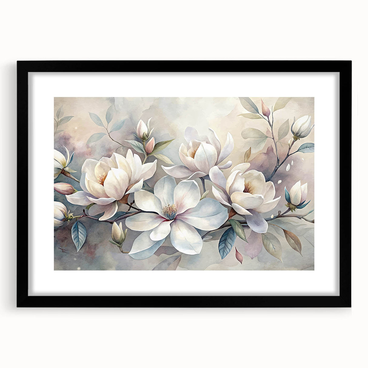 Botanical wall art featuring an elegant magnolia design in a black frame with matting, showcasing delicate floral details and adding a sophisticated touch to home decor.
