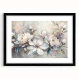 Botanical wall art featuring an elegant magnolia design in a black frame with matting, showcasing delicate floral details and adding a sophisticated touch to home decor.