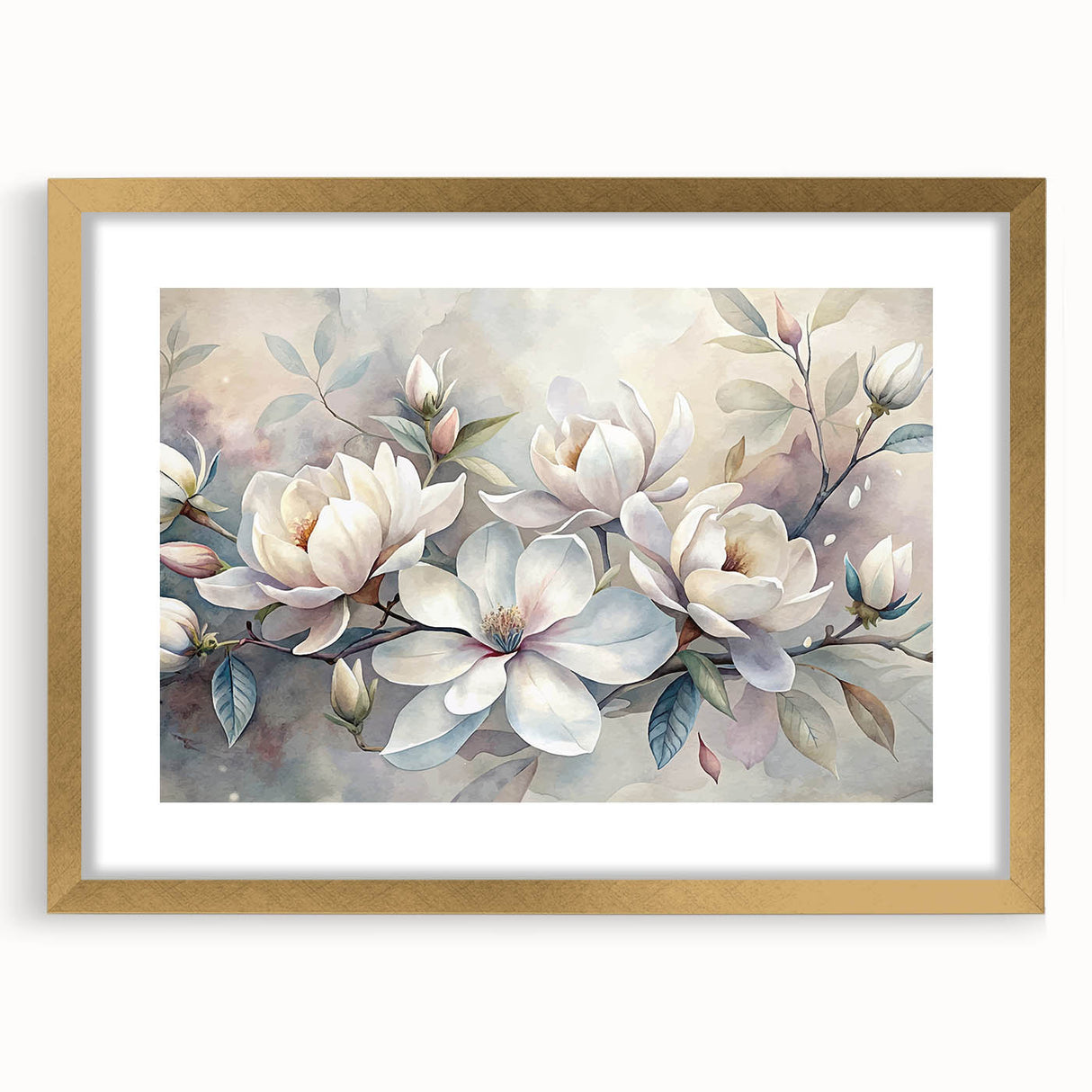 Botanical wall art collection featuring an elegant gold-framed design of magnolia flowers, beautifully matted for a sophisticated touch, ideal for modern decor.