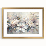 Botanical wall art collection featuring an elegant gold-framed design of magnolia flowers, beautifully matted for a sophisticated touch, ideal for modern decor.