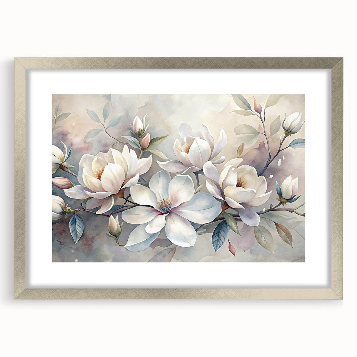 Botanical wall art featuring a magnolia design framed in silver, with a mat for added elegance, showcasing intricate floral details against a soft background.