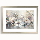 Botanical wall art featuring a magnolia design framed in silver, with a mat for added elegance, showcasing intricate floral details against a soft background.