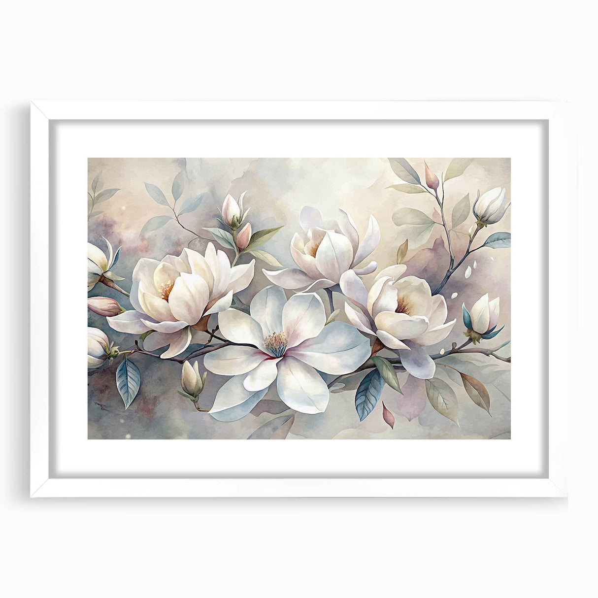 Framed botanical wall art featuring a delicate magnolia design, showcased in a white mat and frame, ideal for enhancing home decor with elegance.