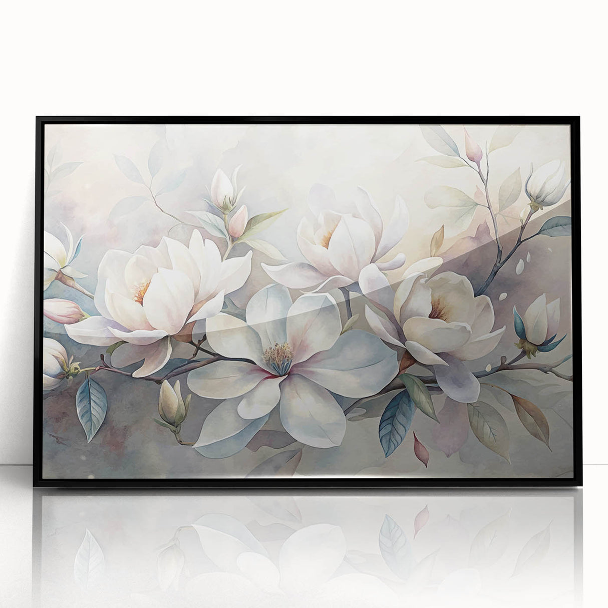 Framed wall art showcasing a botanical magnolia design, featuring intricate floral details with a black frame, perfect for modern home decor and enhancing interior aesthetics.