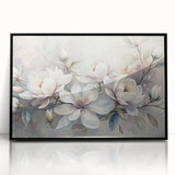 Framed wall art showcasing a botanical magnolia design, featuring intricate floral details with a black frame, perfect for modern home decor and enhancing interior aesthetics.