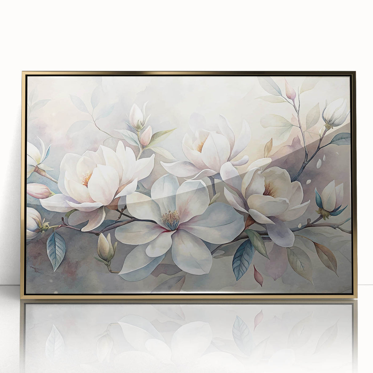 Framed wall art showcasing a botanical magnolia design with gold accents, elegantly displayed in an acrylic frame, perfect for enhancing home decor.