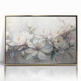 Framed wall art showcasing a botanical magnolia design with gold accents, elegantly displayed in an acrylic frame, perfect for enhancing home decor.