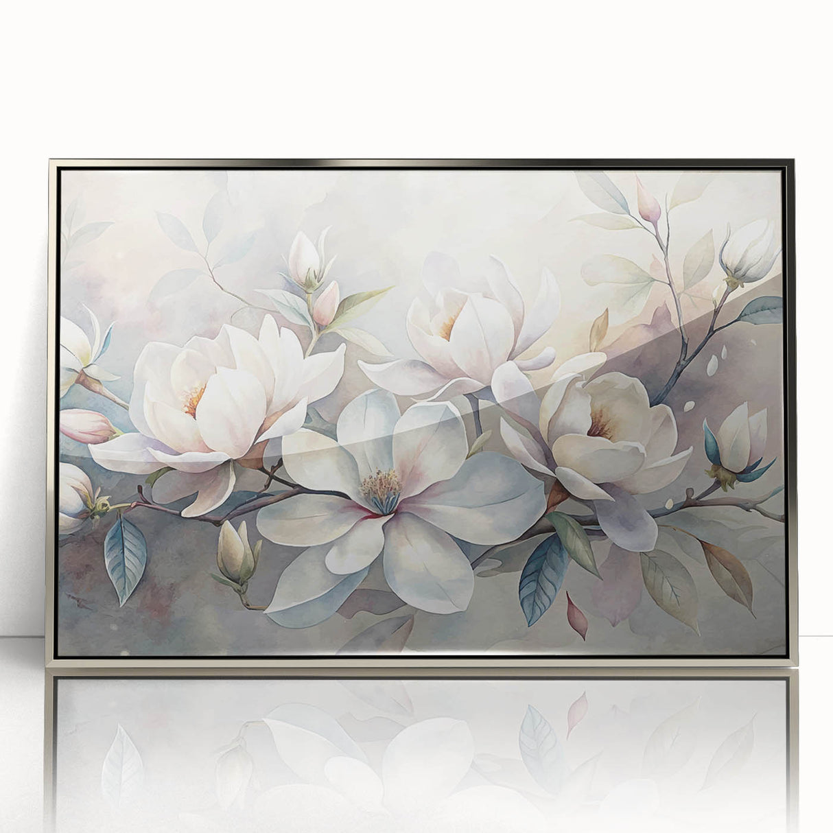 Framed wall art showcasing a botanical design of magnolia flowers in soft pink and white hues, elegantly displayed with a sleek silver frame, perfect for home decor.