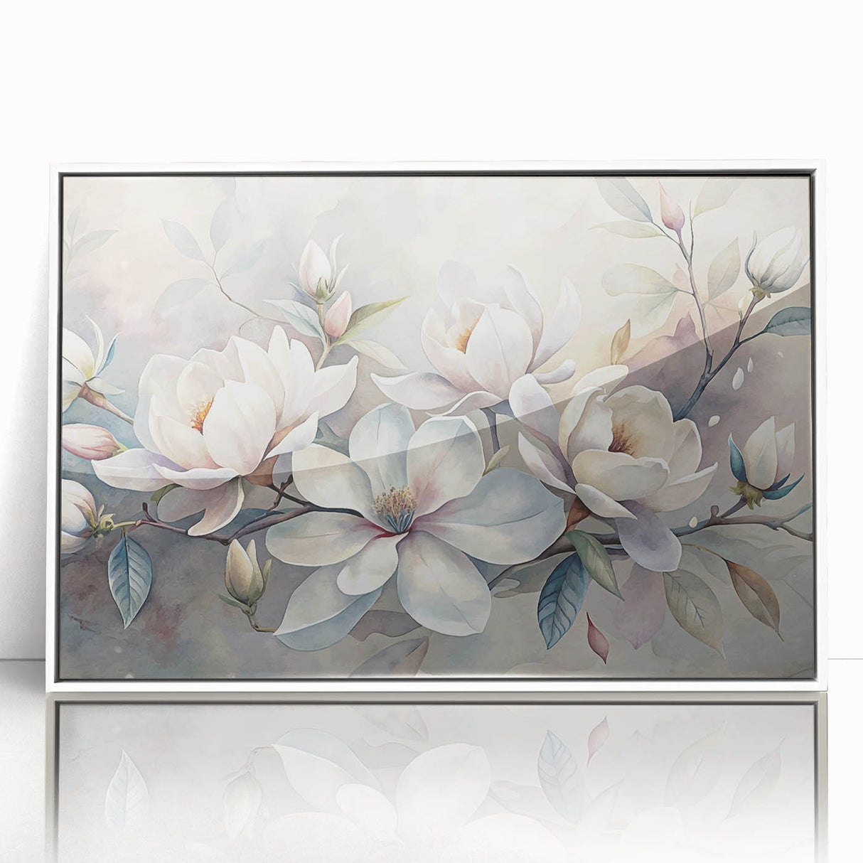 Framed botanical wall art featuring a detailed magnolia design in soft white hues, ideal for adding elegance to modern decor. Perfect for floral enthusiasts.