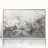 Framed botanical wall art featuring a detailed magnolia design in soft white hues, ideal for adding elegance to modern decor. Perfect for floral enthusiasts.