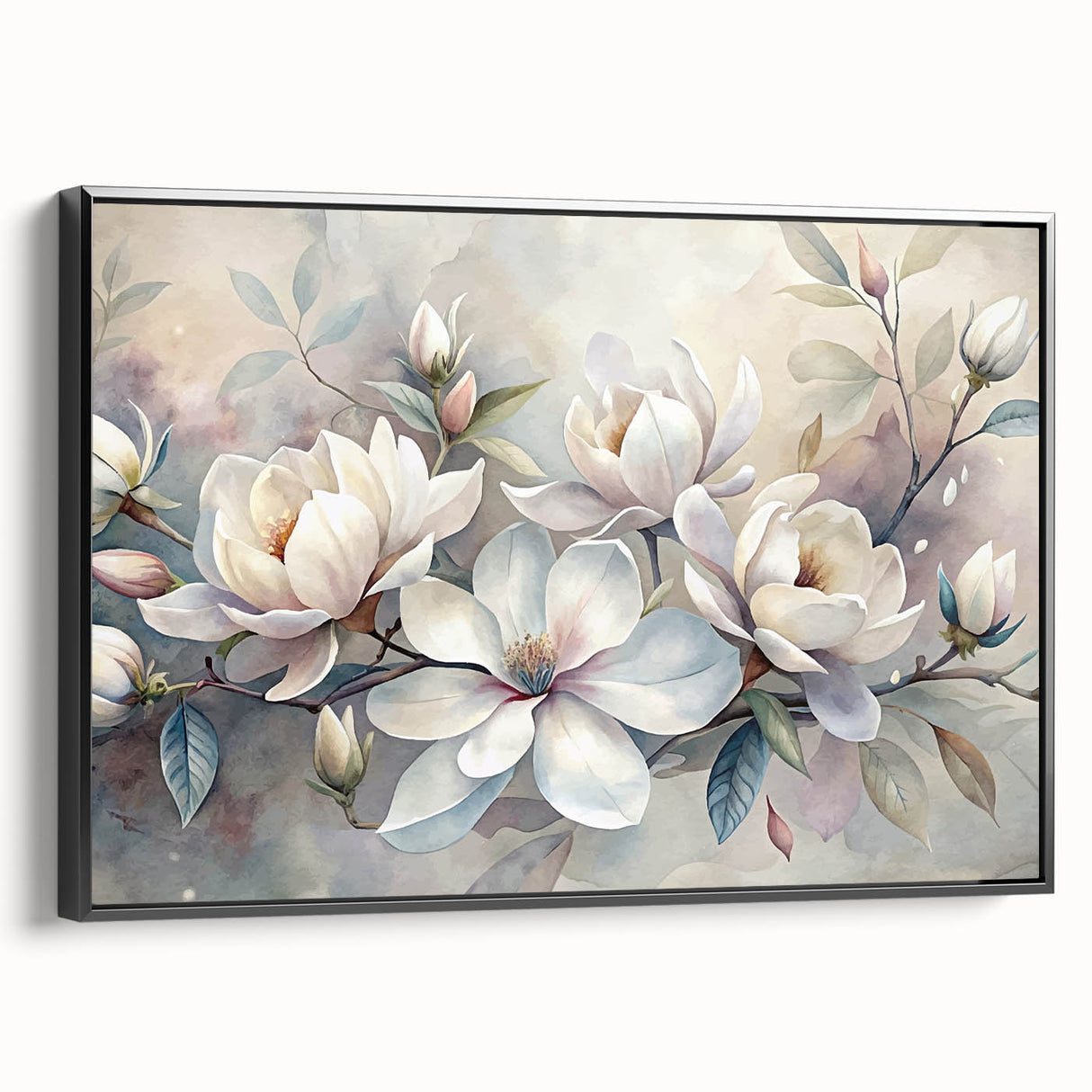 Framed wall art featuring a botanical magnolia design on canvas, showcasing intricate floral details with a sleek black frame, perfect for home decor enhancement.