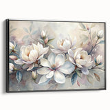 Framed wall art featuring a botanical magnolia design on canvas, showcasing intricate floral details with a sleek black frame, perfect for home decor enhancement.