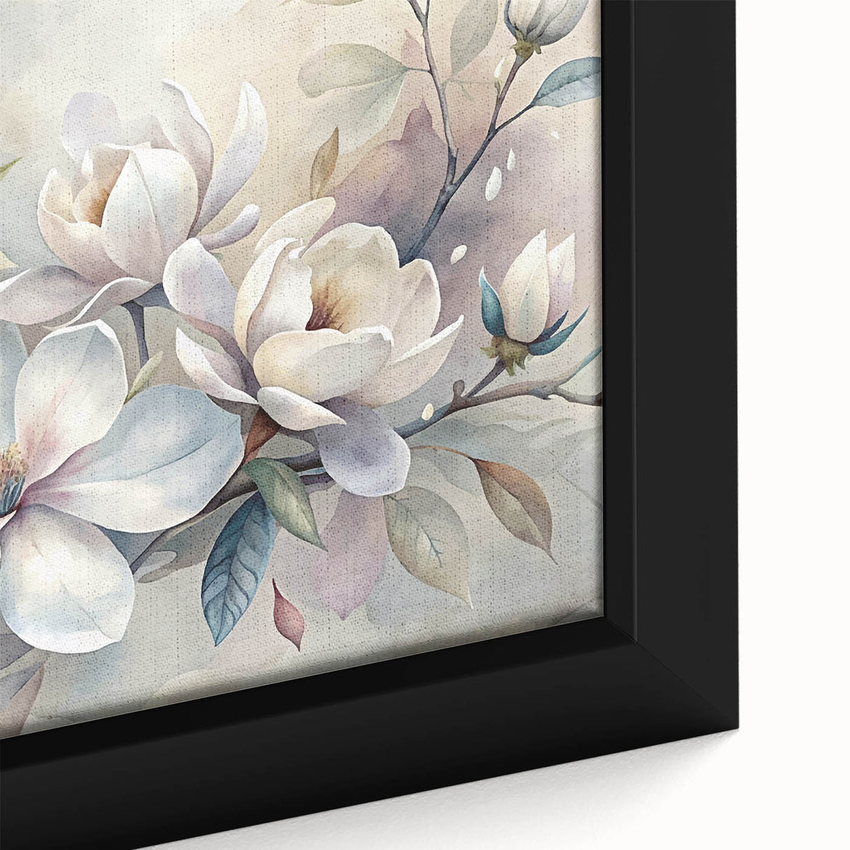 Close-up of a framed botanical wall art piece featuring vibrant magnolia flowers on a textured canvas, ideal for home decor and nature enthusiasts.