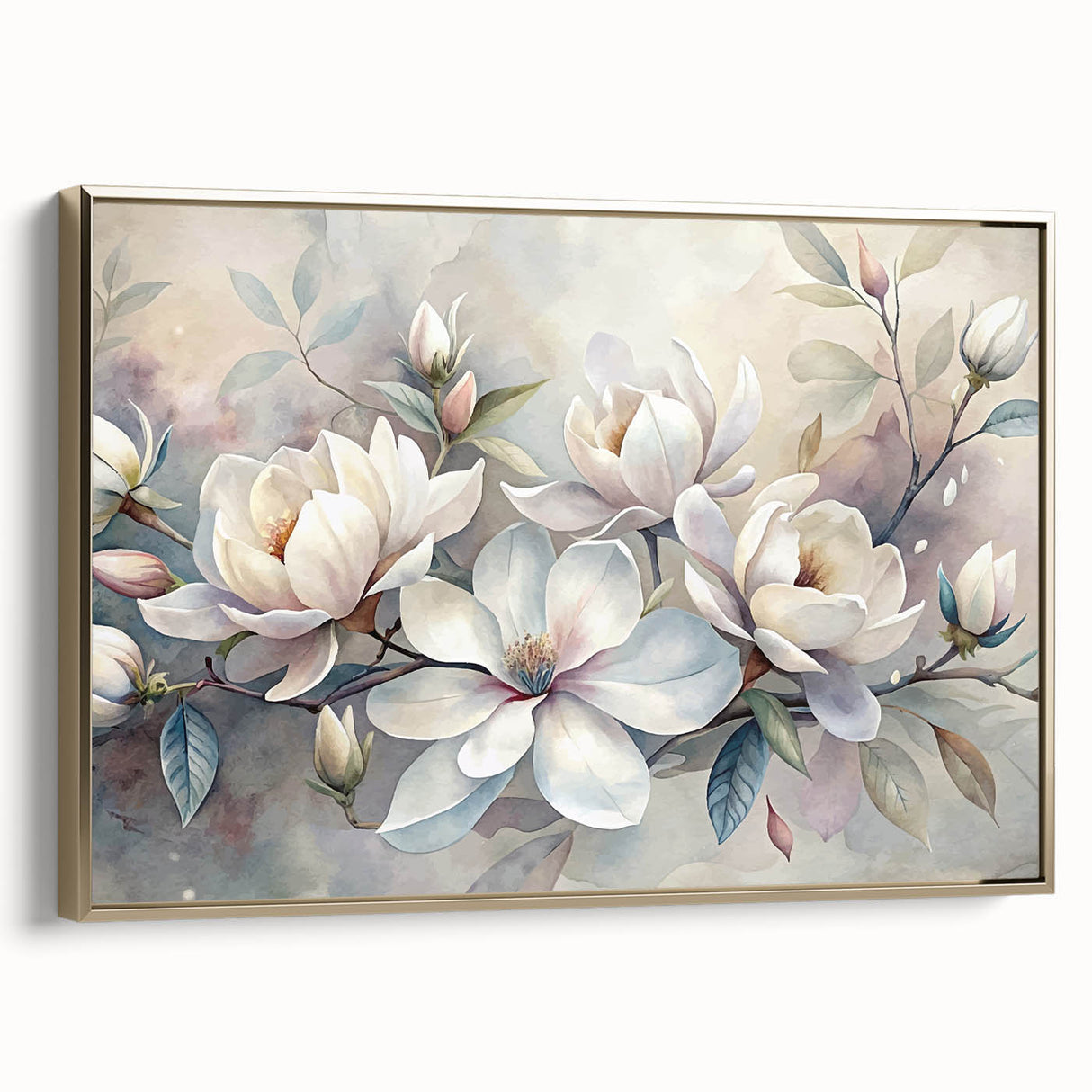 Framed canvas wall art showcasing a botanical magnolia design with gold accents, elegantly displayed from the side, perfect for home decor enhancement.
