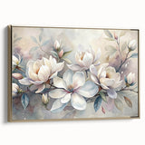 Framed canvas wall art showcasing a botanical magnolia design with gold accents, elegantly displayed from the side, perfect for home decor enhancement.