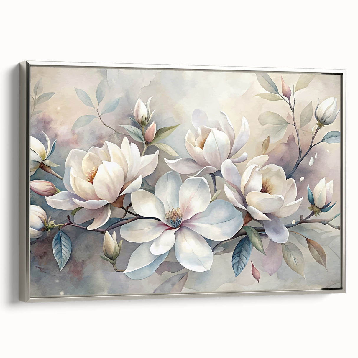 Framed canvas wall art showcasing a botanical magnolia design, featuring silver accents and an elegant side view, perfect for enhancing modern decor.