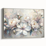 Framed canvas wall art showcasing a botanical magnolia design, featuring silver accents and an elegant side view, perfect for enhancing modern decor.