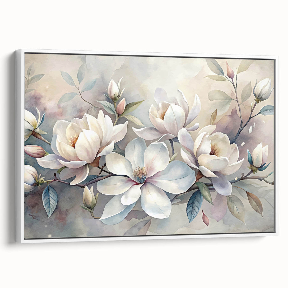 Framed wall art featuring a botanical magnolia design on a textured canvas, showcasing soft white flowers against a natural backdrop, perfect for home decor.