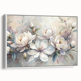 Framed wall art featuring a botanical magnolia design on a textured canvas, showcasing soft white flowers against a natural backdrop, perfect for home decor.