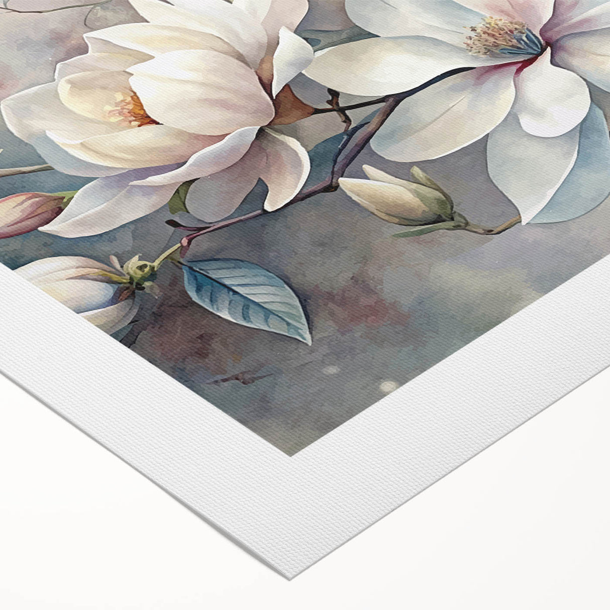 Botanical wall art design depicting vibrant magnolia flowers on rolled canvas, showcasing intricate details and soft color palette, ideal for home decor.