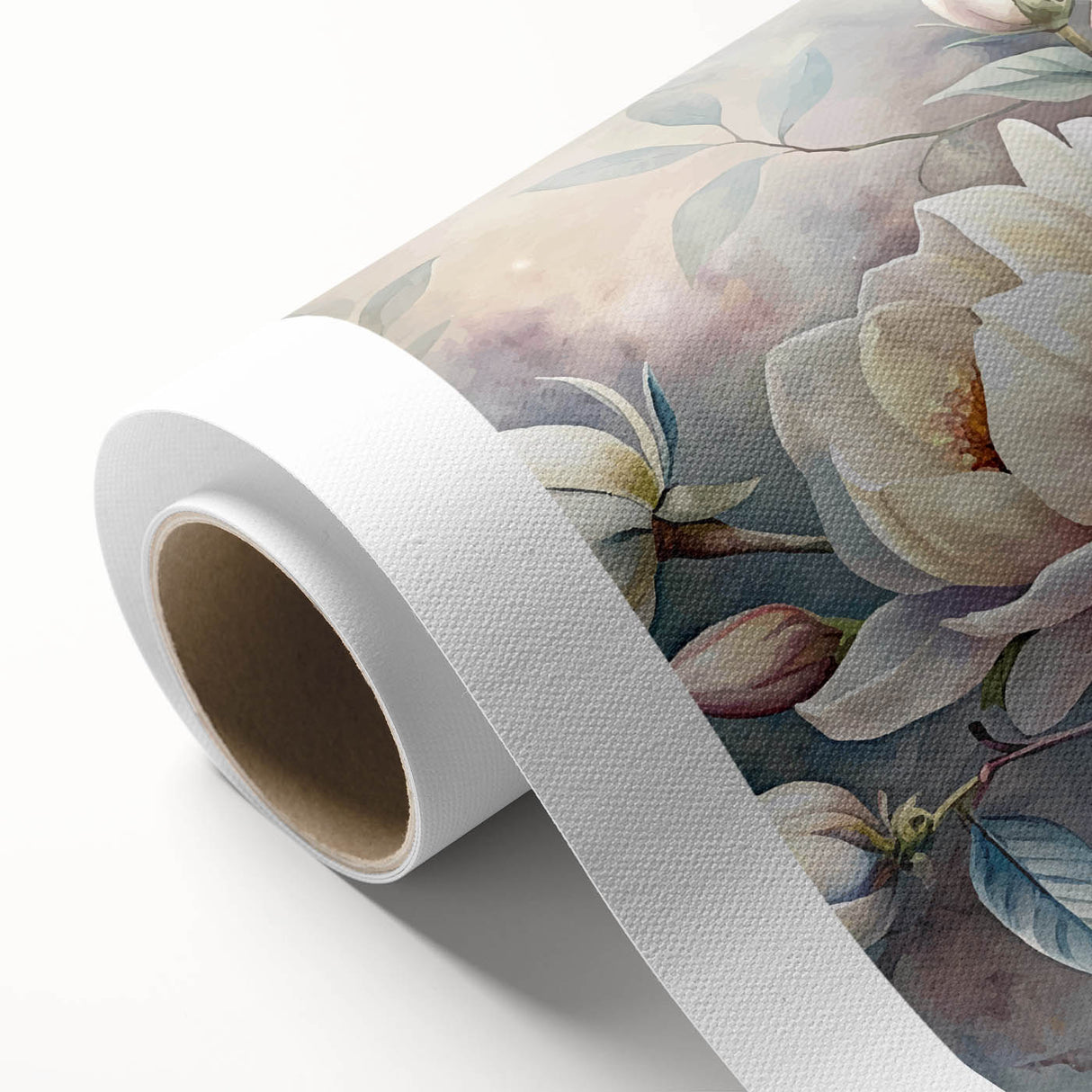 Botanical wall art featuring a vibrant magnolia design on rolled canvas, showcasing intricate floral details and soft pastel colors, ideal for home decor.