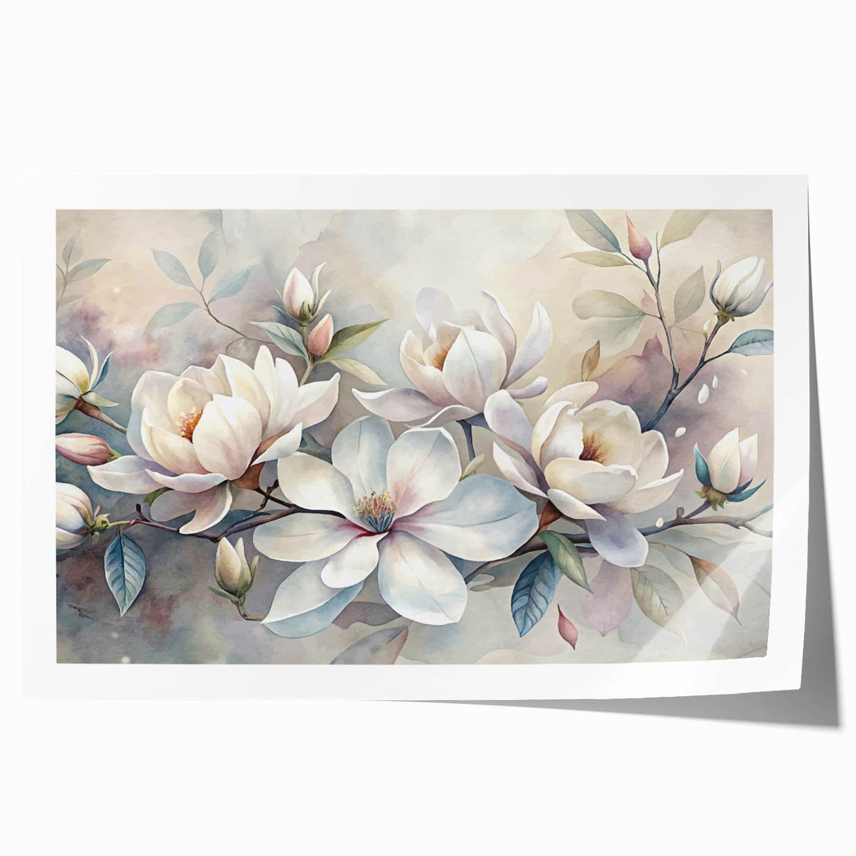 Botanical wall art print featuring a detailed illustration of magnolia flowers in soft pink and white colors, perfect for home decor or art collection.