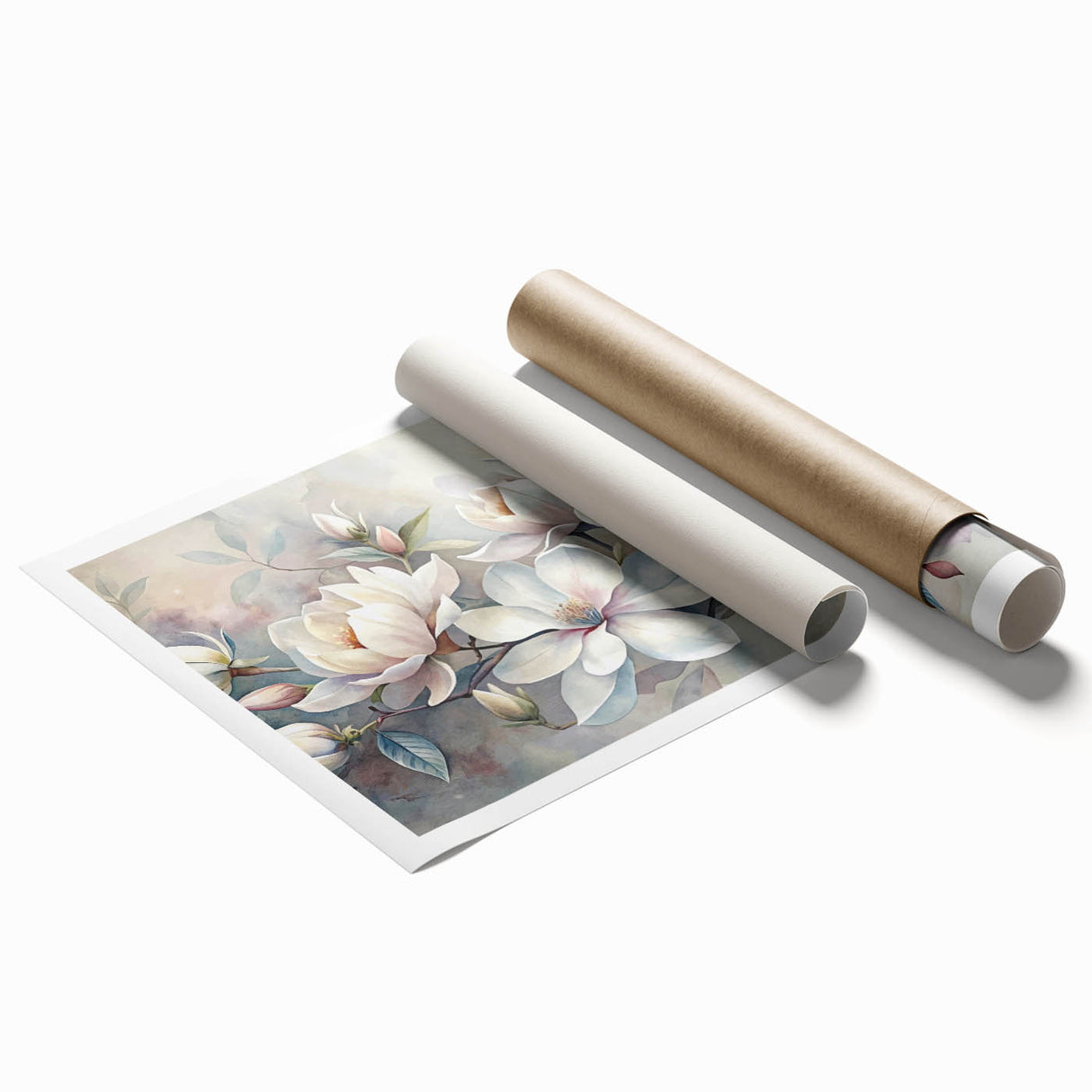 Magnolia botanical wall art print featuring delicate pink flowers on a soft cream background, elegantly rolled for display or framing, perfect for home decor.