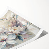 Botanical wall art featuring a delicate magnolia design in soft pink and white hues, rolled and ready for display, ideal for enhancing home decor aesthetics.