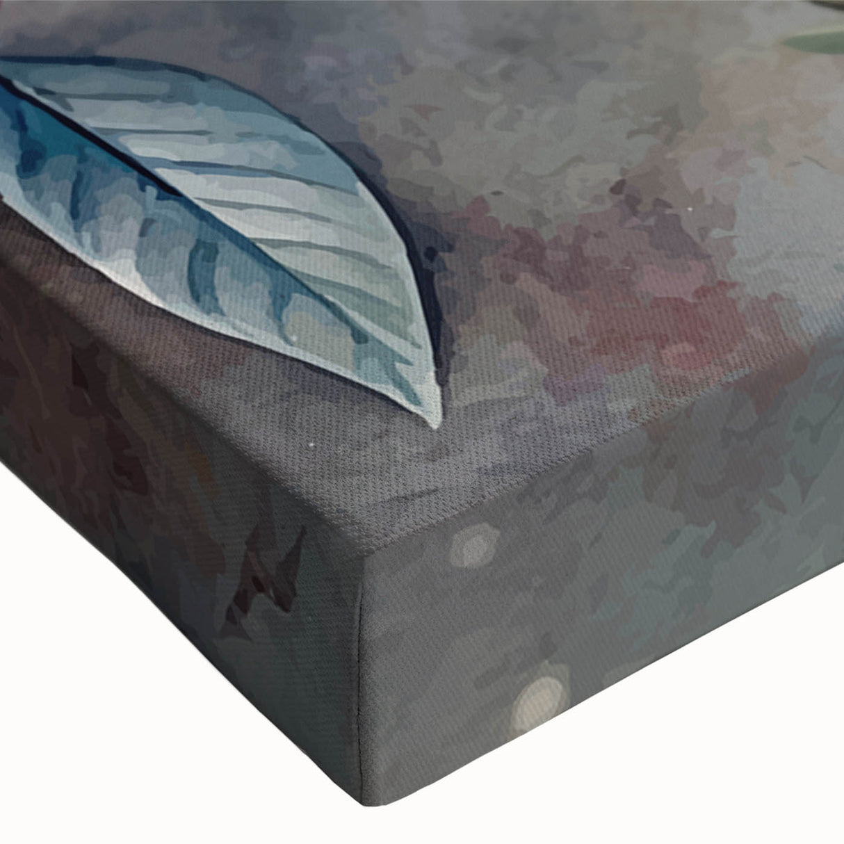 Close-up of a stretched canvas showcasing a botanical magnolia design, featuring intricate floral details and vibrant colors, perfect for home decor.