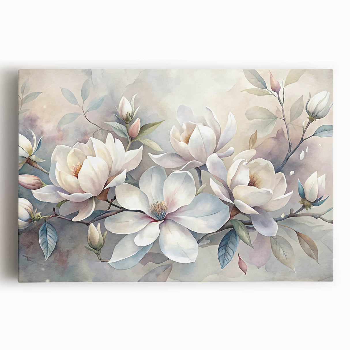 Magnolia floral wall art design printed on stretched canvas, featuring vibrant colors and intricate botanical details, ideal for home decor enhancement.