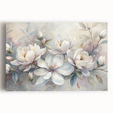 Magnolia floral wall art design printed on stretched canvas, featuring vibrant colors and intricate botanical details, ideal for home decor enhancement.