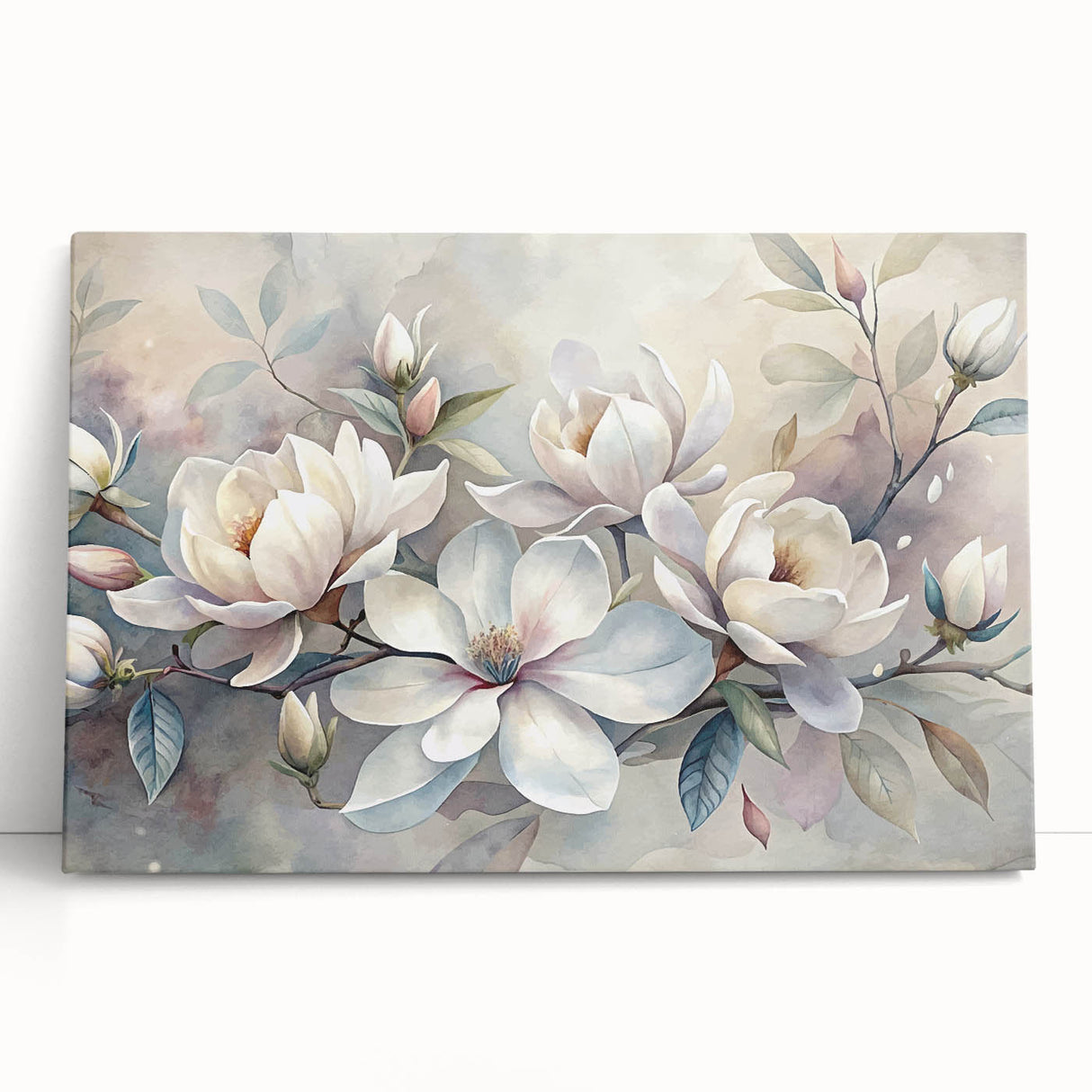 Elegant botanical wall art featuring a magnolia design on stretched canvas, showcasing soft pastel colors with intricate floral details, perfect for home decor.