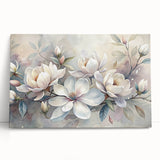 Elegant botanical wall art featuring a magnolia design on stretched canvas, showcasing soft pastel colors with intricate floral details, perfect for home decor.