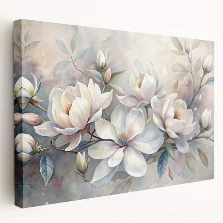 Stretched canvas wall art displaying a detailed botanical magnolia design, showcasing vibrant colors and intricate floral patterns, perfect for elegant home decor.