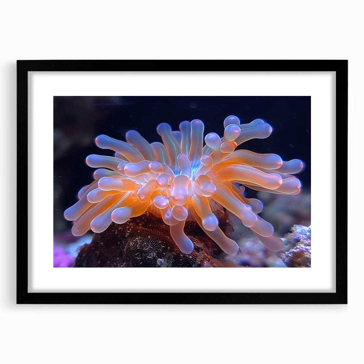Framed botanical wall art showcasing vibrant marine plants in a black frame with a mat, perfect for adding a touch of nature to home decor.