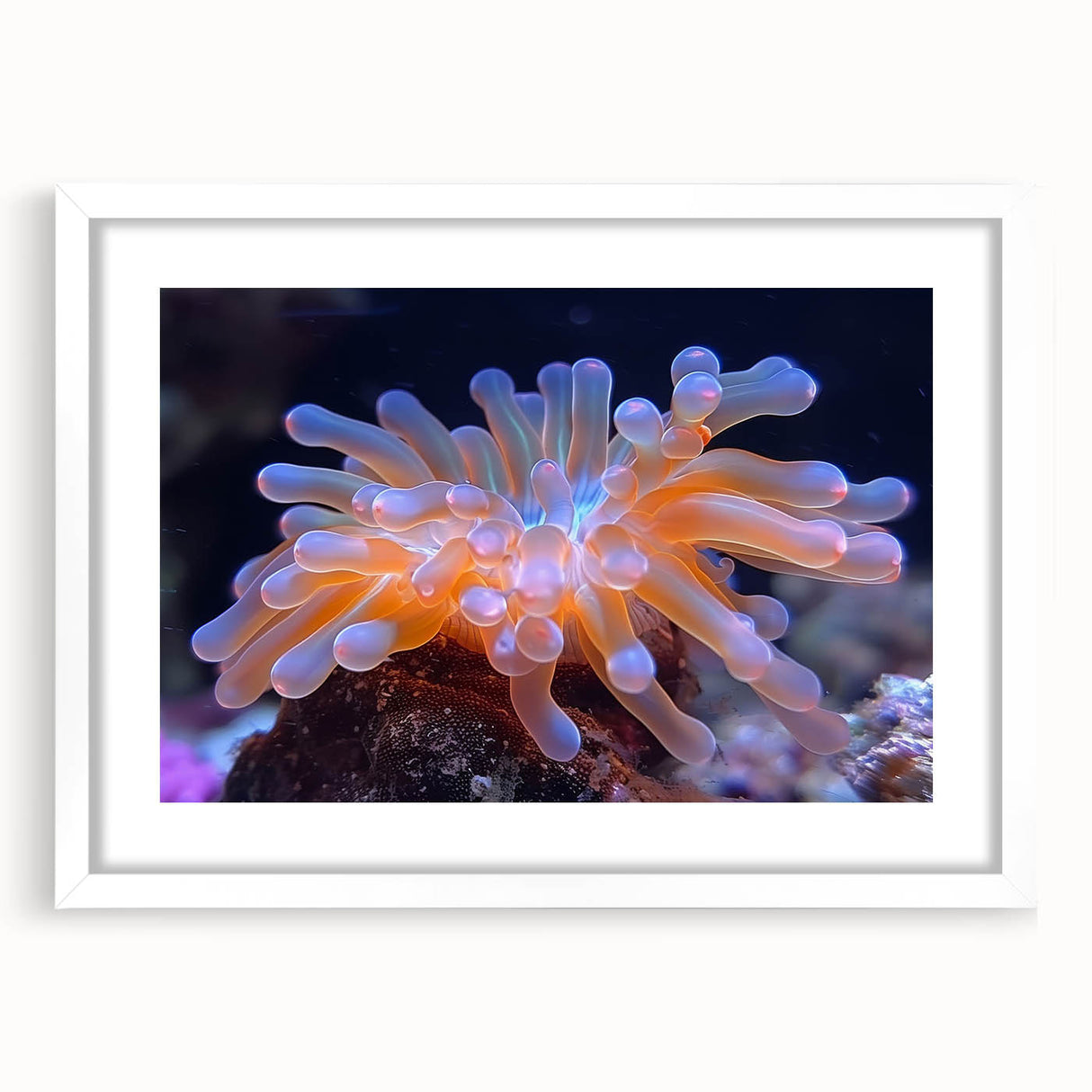 Botanical wall art print depicting vibrant marine plants in a white frame with matting, showcasing intricate details and natural colors for stylish home decor.