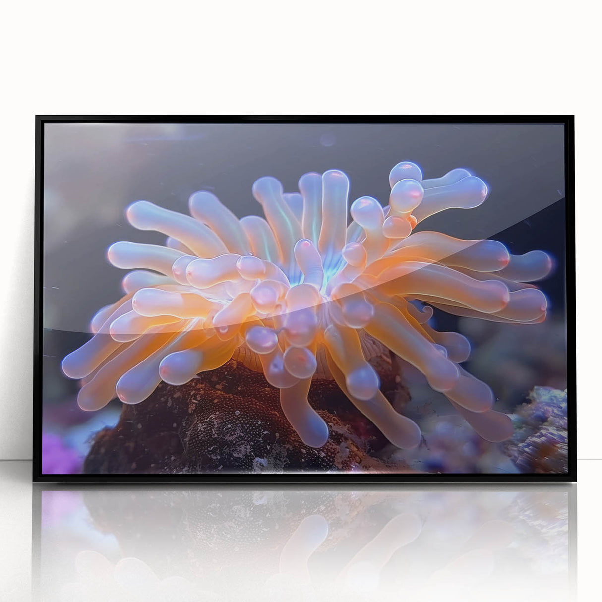 Framed wall art featuring a vibrant botanical design of marine plants in shades of blue and green, presented in a sleek black frame for modern decor.