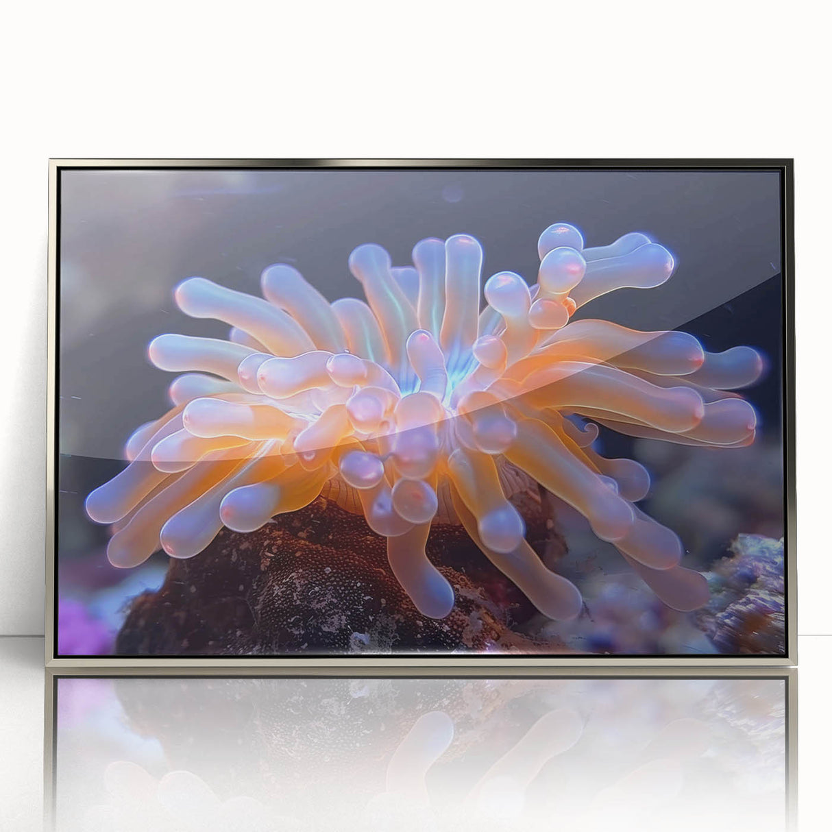 Framed wall art featuring a vibrant botanical design of marine plants, set in a sleek silver frame, perfect for enhancing coastal-themed decor.