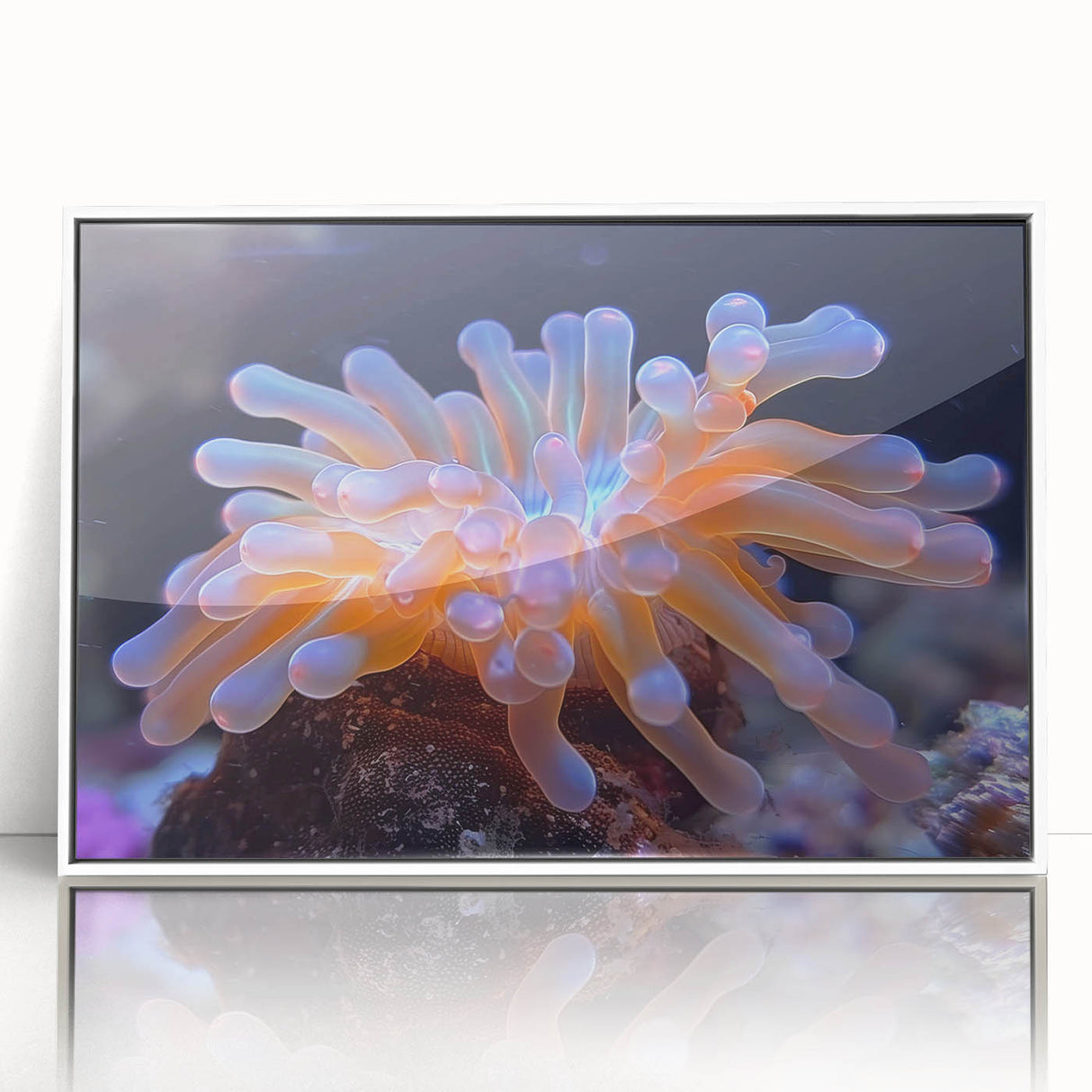Framed wall art showcasing a vibrant botanical marine plants design with colorful flowers and greenery, set against a white background, ideal for home decor.