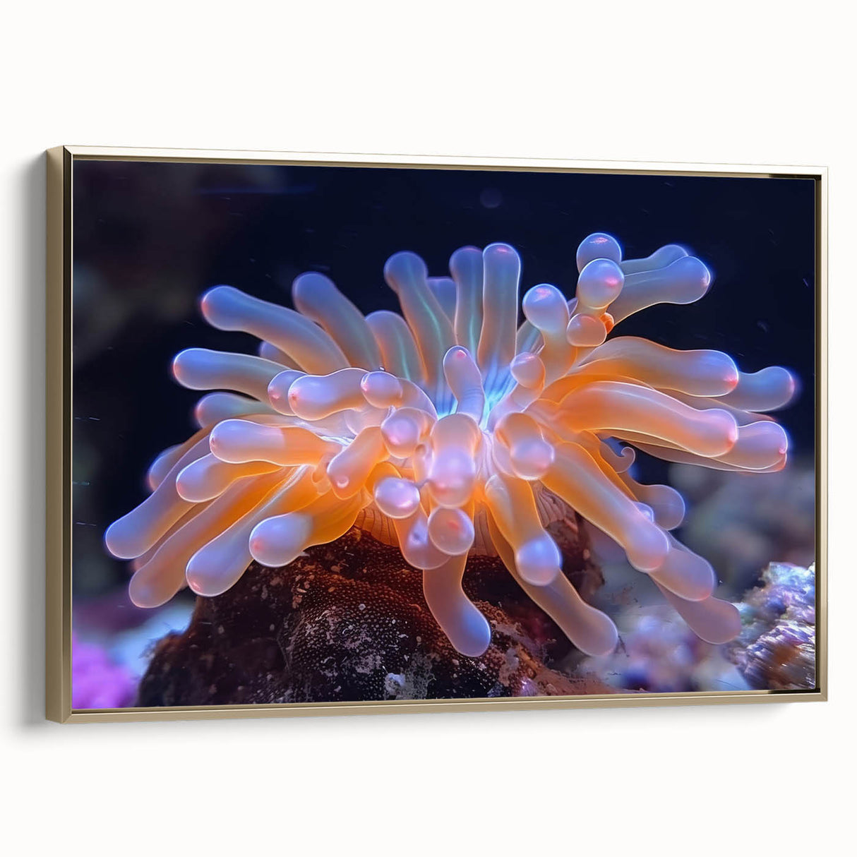 Framed wall art showcasing a vibrant botanical design of marine plants, featuring rich colors and a gold frame, ideal for enhancing coastal decor aesthetics.