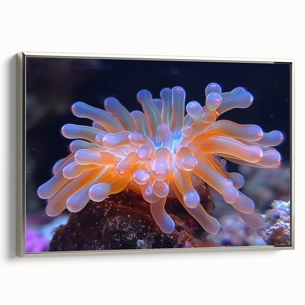 Framed wall art featuring a vibrant botanical marine plants design, showcasing intricate floral details in a silver frame, perfect for nature-inspired decor.